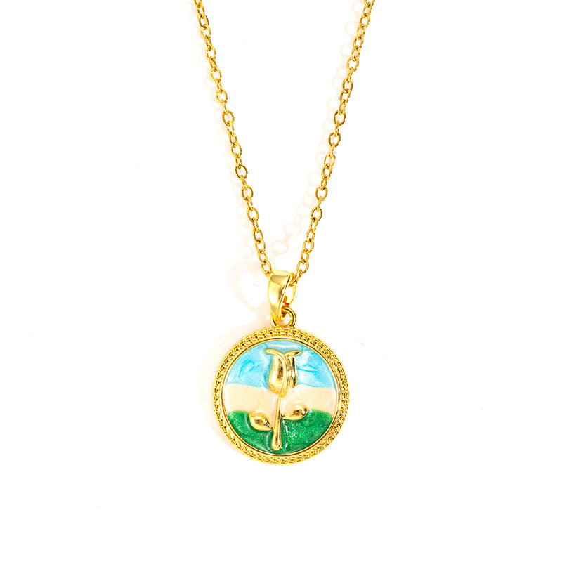 Wholesale rose oil painting high-grade necklace pearl color simple clavicle chain stainless steel plated 18k gold necklace for women